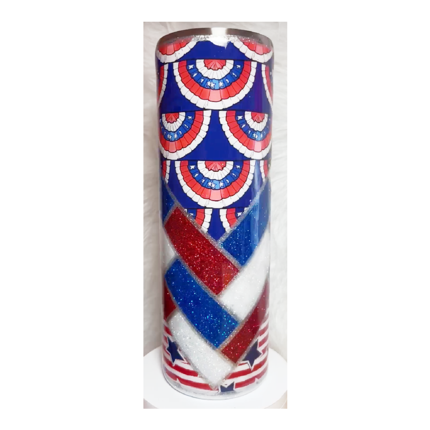 #126-2 - 30oz Patriotic Skinny Tumbler - Patriotic Herringbone Vinyl & Red, White, Blue Glitter