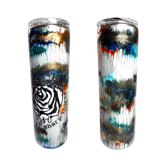 #162 - 30oz Skinny Tumbler - Metallic Ink Swirl - Decal: Rose with "Soft Petals Sharp Thorns" text