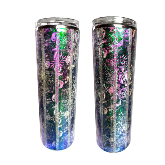 #164 - 30oz Skinny Tumbler - Holographic Striped Vinyl & Glitter