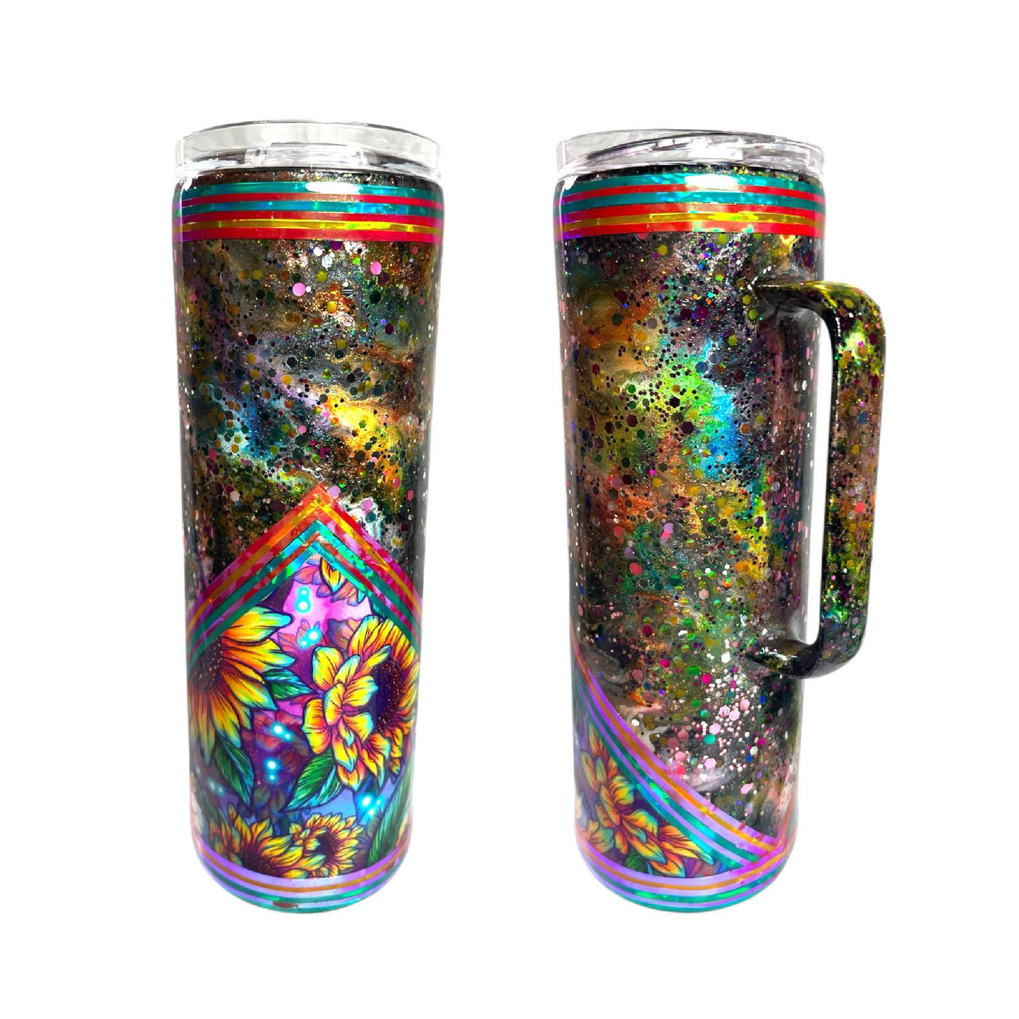 #166 - 20oz Skinny Tumbler with Handle - Neon Flowers V-Split Decal & Ink Swirl