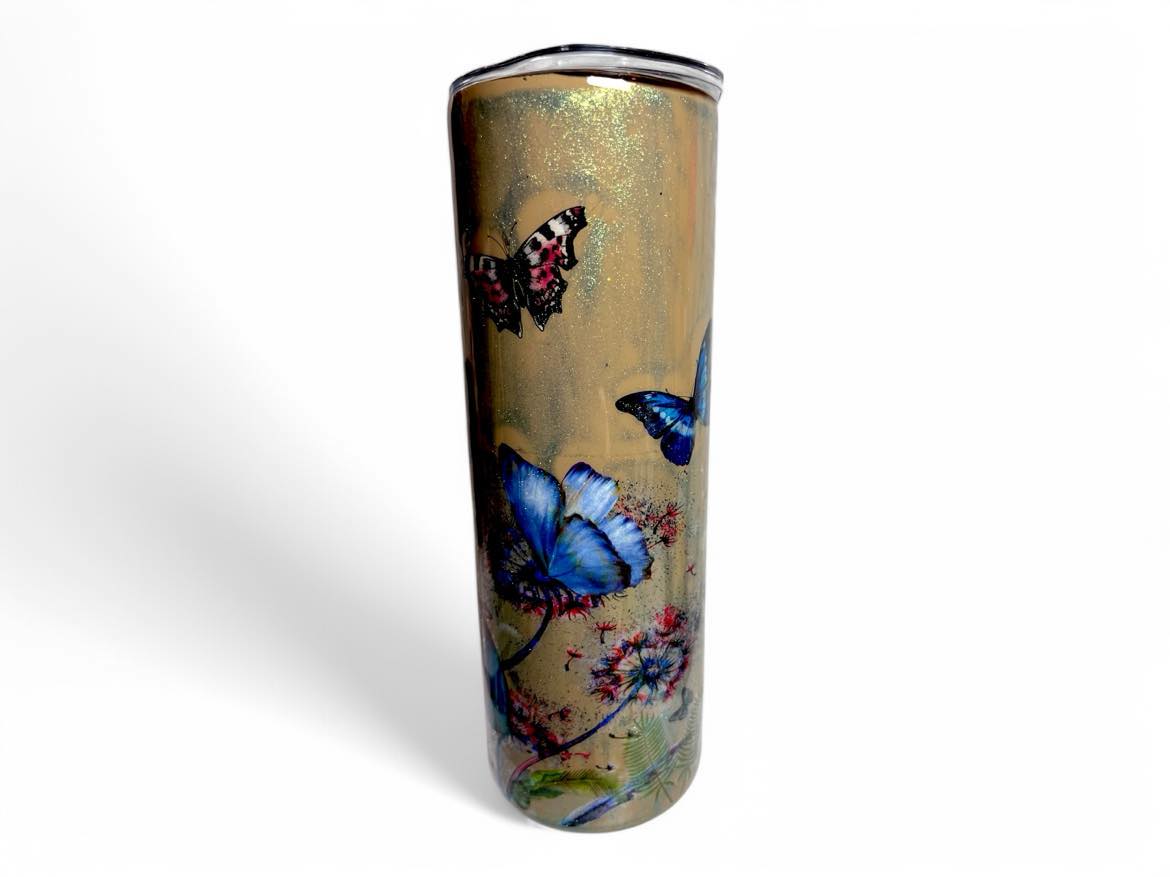 #178 - 20oz Skinny Tumbler / Hand Painted Hanging Palm Leaves / Decals: “Just Breathe” and Butterflies