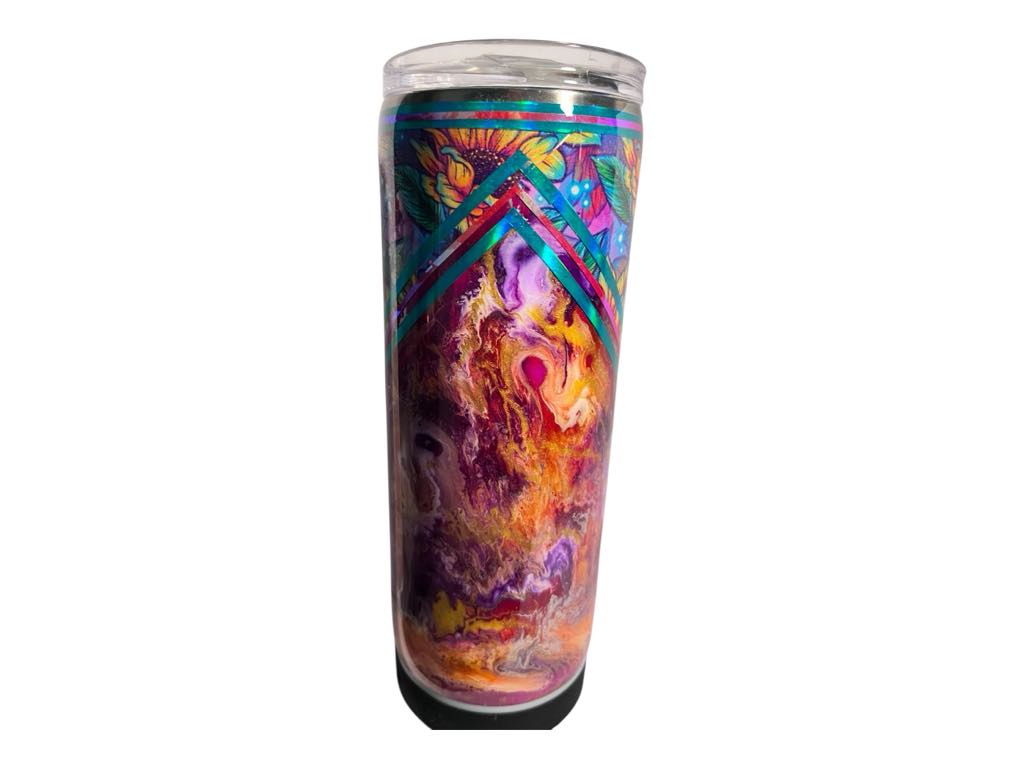 #242 - 20oz Skinny Tumbler with Bluetooth Speaker (USB Rechargeable) - Ink Swirl with Neon Flowered V-Split Vinyl