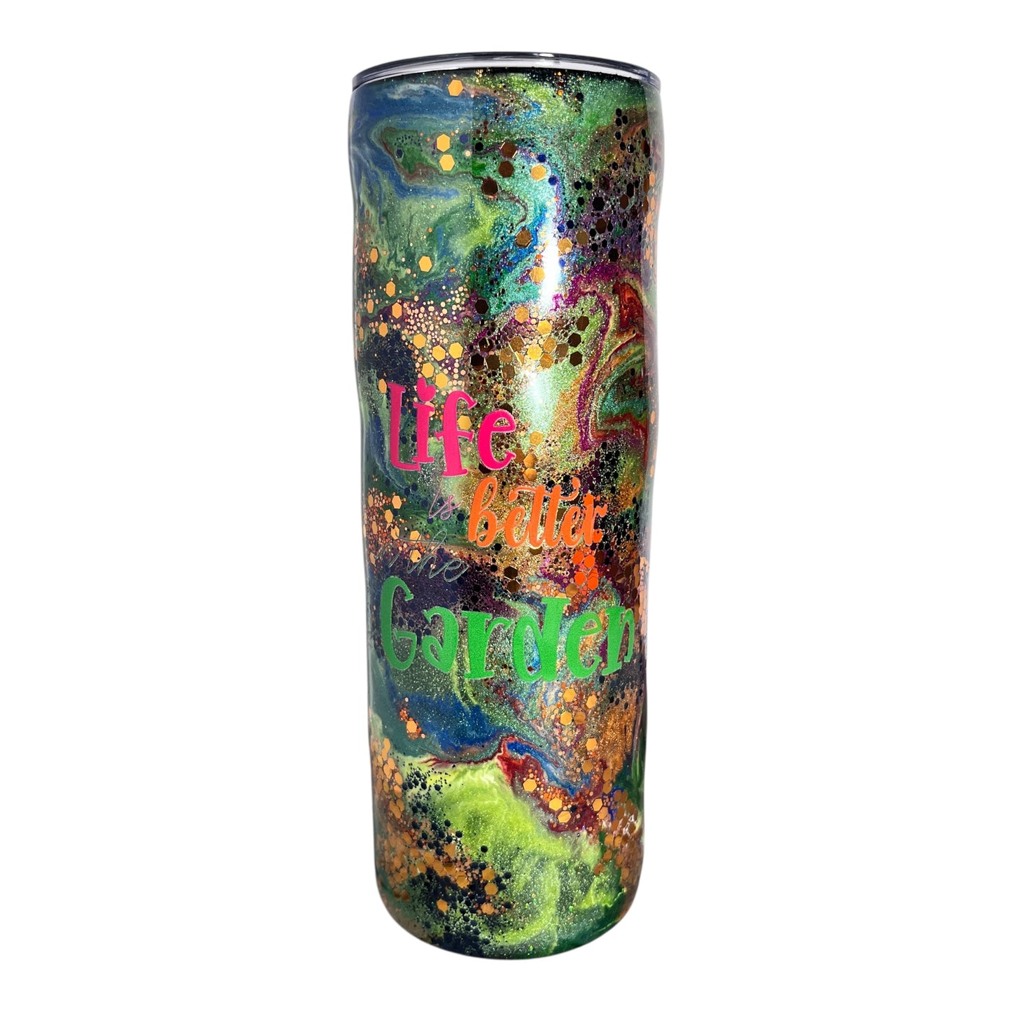 #314 - 20oz Skinny Tumbler - Decals: Boots with Flowers & “Life is better in the Garden”