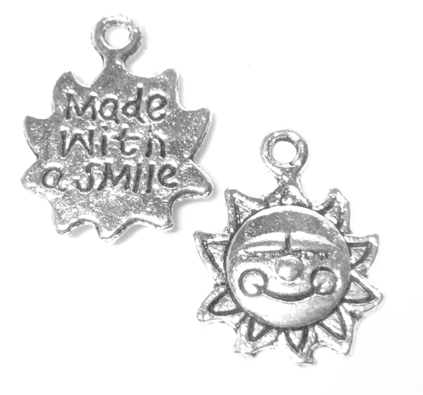 #2706 / Antique Silver Charm-Pendant-Earring with Smiling Sun and "Made With a Smile" Text on Reverse Side / Cadmium-Lead Free / 16x12x2mm / 1.2mm Attached Loop / Lot of 6