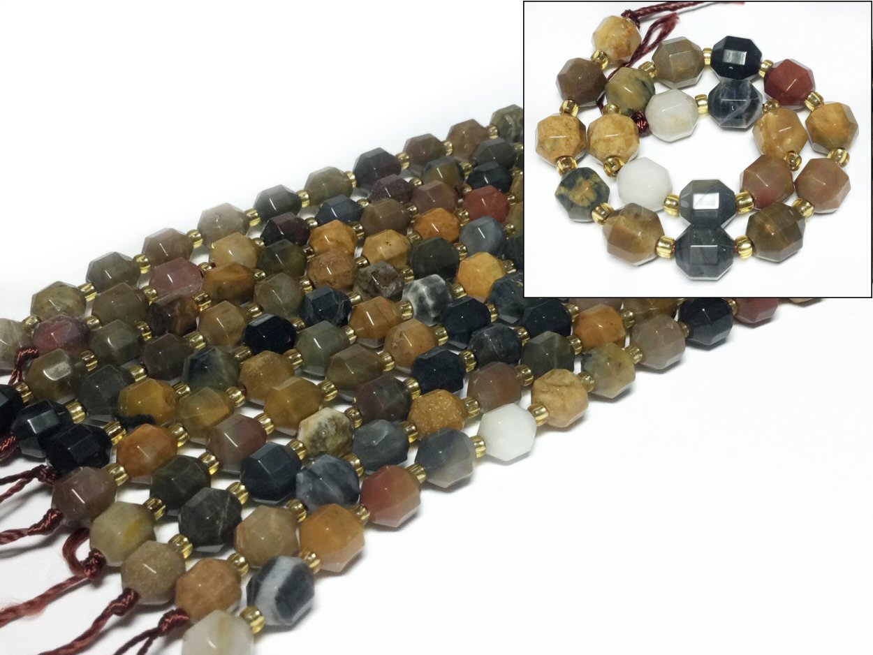 #2872 / Natural Petrified Wood Faceted Polygon Beads with Golden Seed Beads Included / 8x6mm / 1.2mm Hole / 7 1/2” Strand