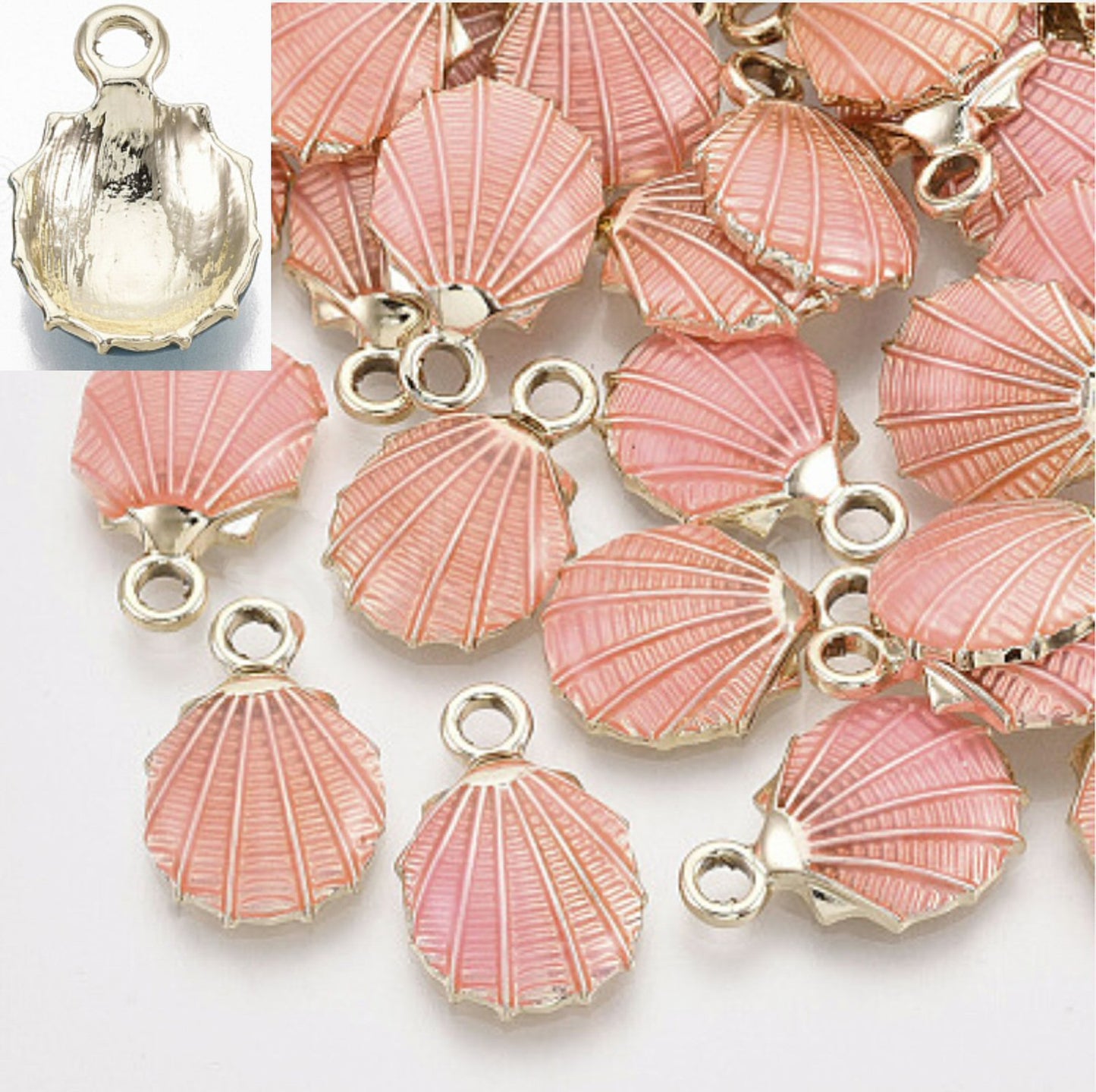 #2901 / Golden Alloy Enamel Light Coral Scallop Charm, Pendant, Earring / 19.5x1x4.5mm / 2.5mm Attached Loop / Sold Individually