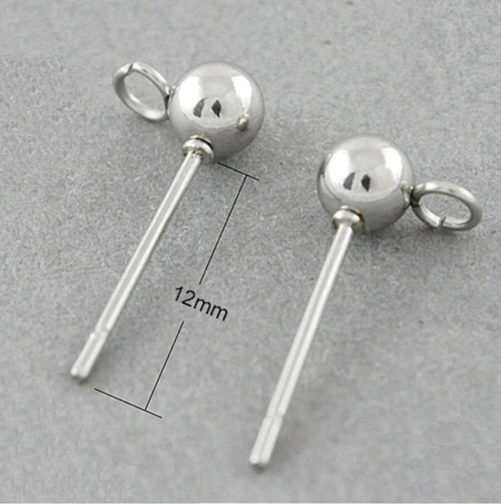 #2907 / 304 Stainless Steel Ball 12x8mm Post Stud Earring with Loop, 5mm Ball, Attached 2mm Loop / Lot of 5 Pair