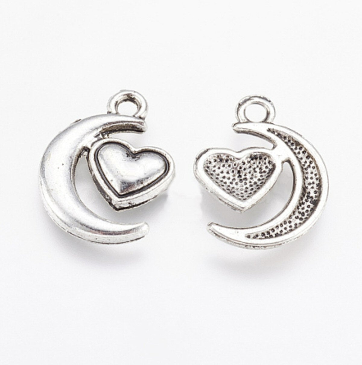 #2909 / Antique Silver Moon with Hanging Heart Charm, Pendant, Earring / 17x13x2mm / Attached 2mm Loop / Sold Individually