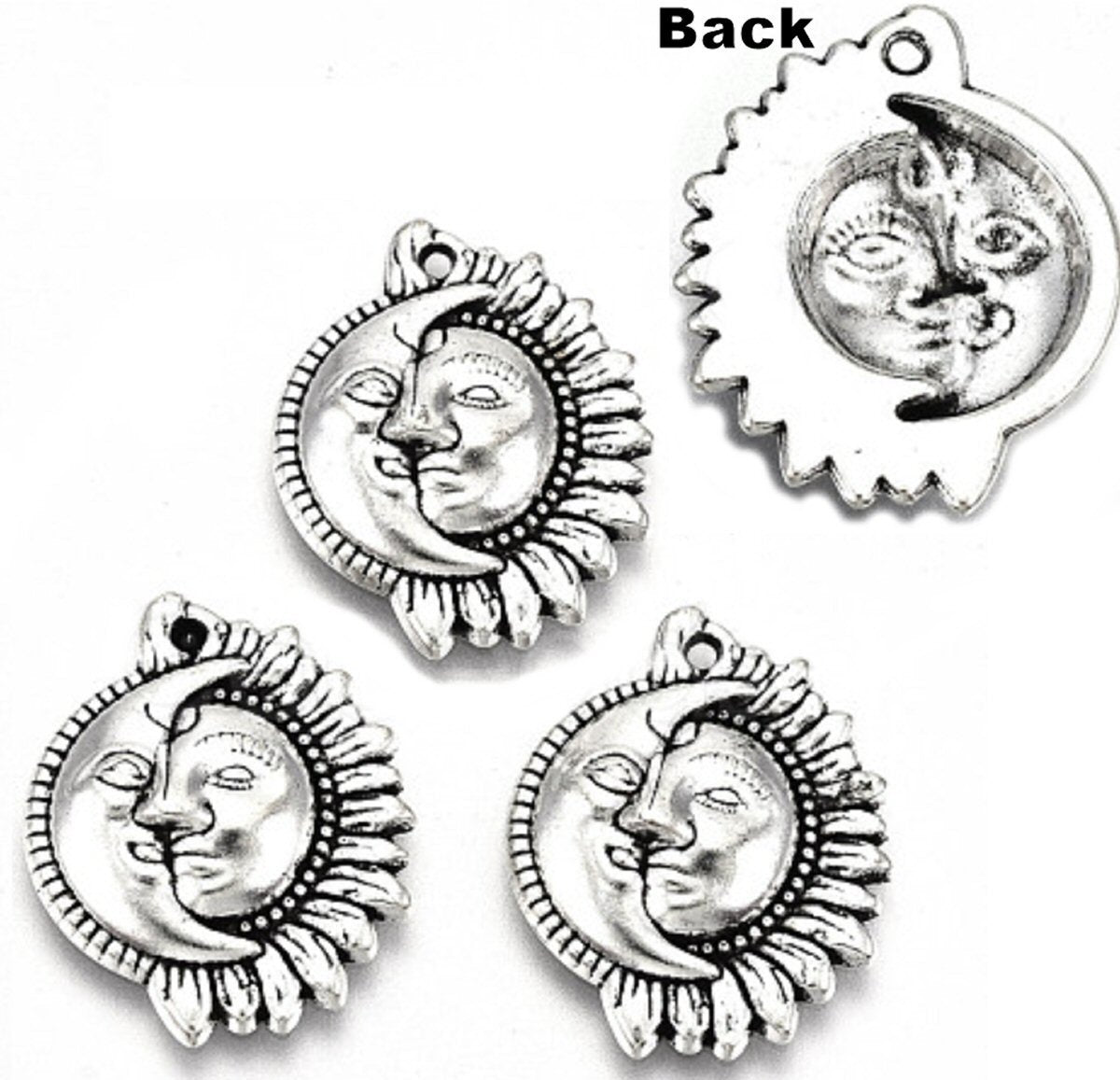 #2931 / Antique Silver Sun & Moon Charm, Pendant, Earring / Lead, Cadmium Free / 20x16x3.5mm / Hole: 1mm / Lot of 2