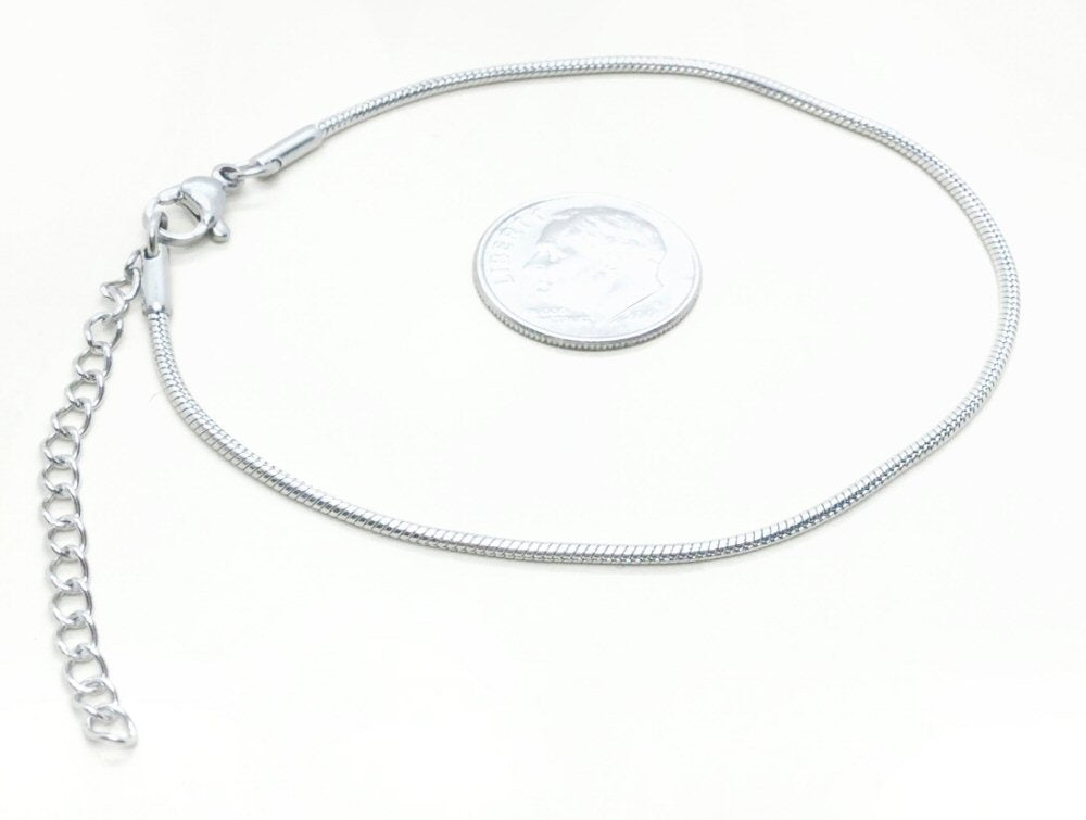 #2975 / 304 Stainless Steel 7.5" Snake Chain Bracelet with a Lobster Claw Clasp / 2" Extender Chain with a Heart Charm / Sold Individually