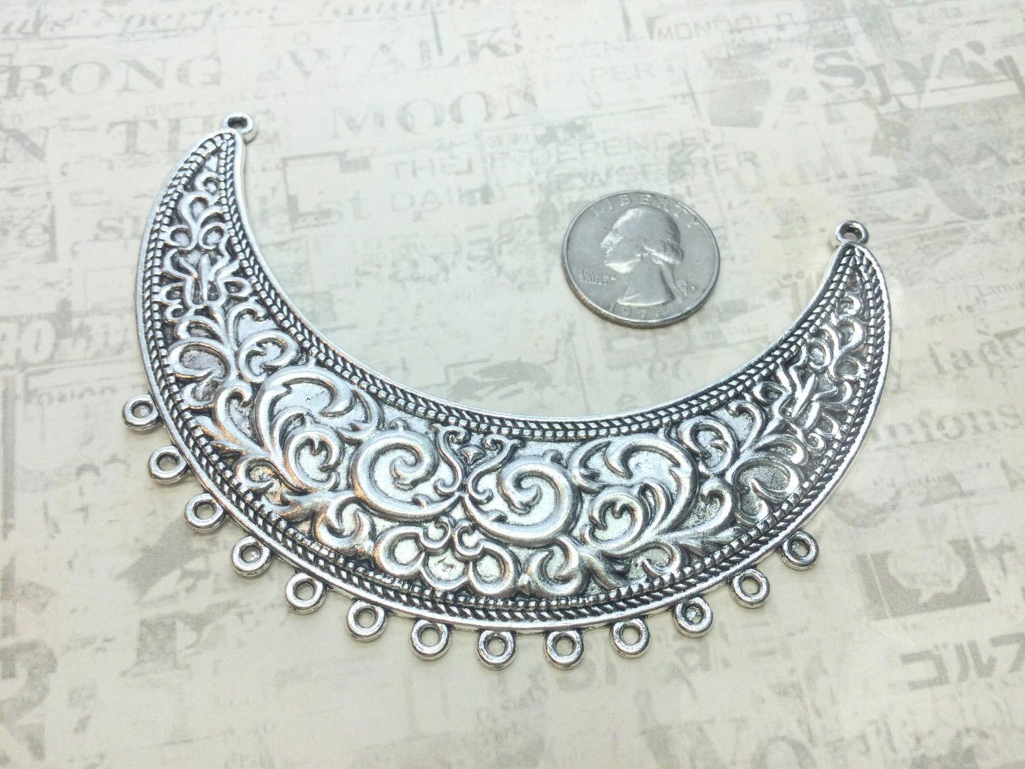 #2979 / Antique Silver Crescent Chandelier Necklace Focal Piece / 73x108x2mm / 2mm Attached Bottom Loops (13) / Sold Individually