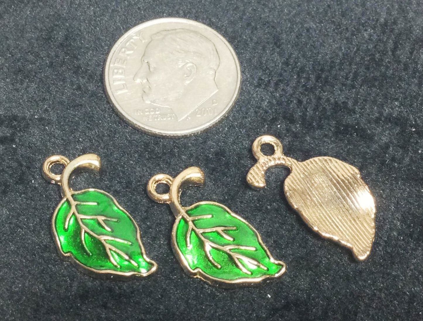 #2982 / Golden Alloy Enamel Green Leaf Charm-Pendant-Earring / 20x10x2mm / 1.6mm Loop / Lot of 5