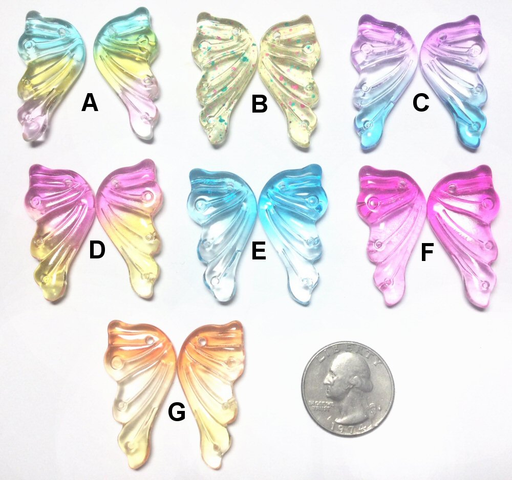 #3000 / Translucent Glass Wings / 36x18x5.5-6mm / Hole: 1mm / Lot of 2 / Your Choice of Color