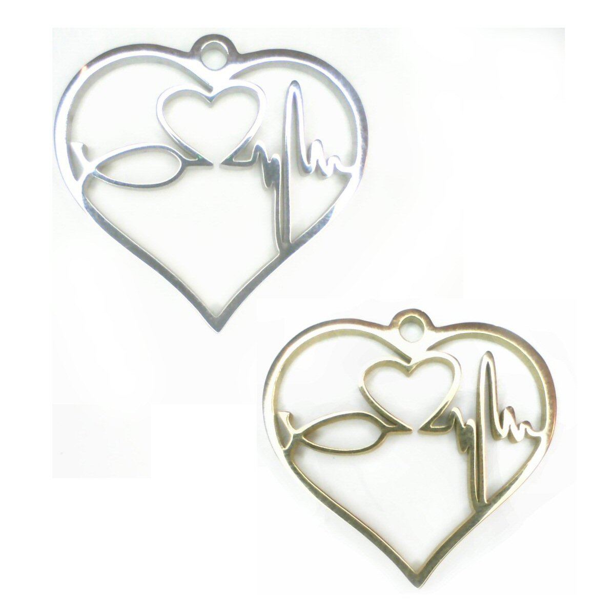 #3001 / Stainless Steel Heartbeat Charm, Pendant or Earring / 22x23x1.6mm / 1.8mm Attached Loop / Sold Individually / Your Choice Silver or Gold