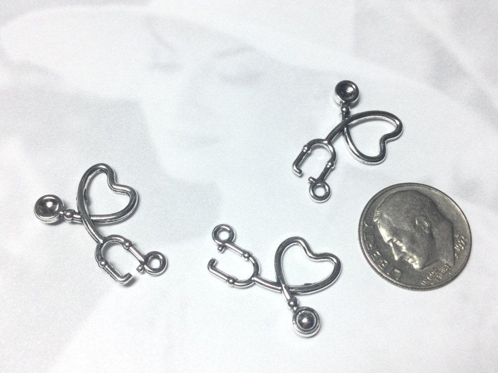 #3007 / Antique Silver Stethoscope Charm, Pendant or Earring / Cadmium, Lead Free / 22x14x3mm / 1.6mm Attached Loop / Sold Individually