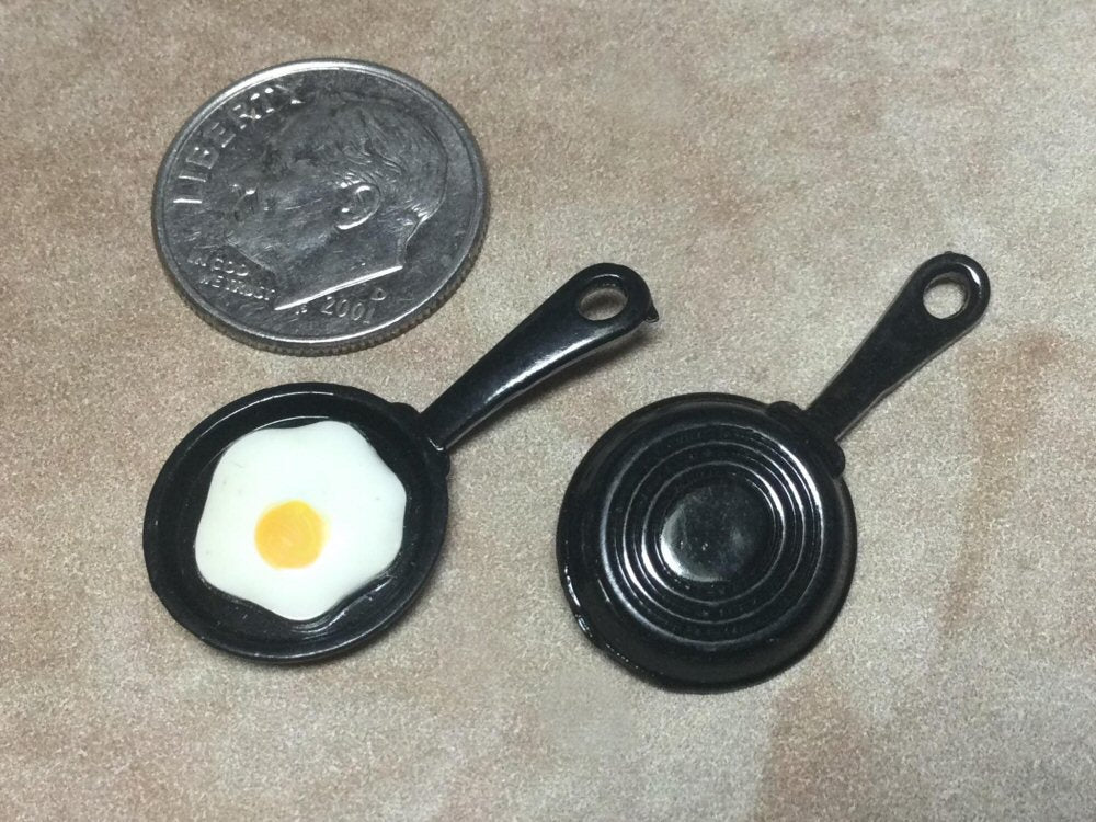 #3008 / Black Cast Iron Pan with Enamel Egg / Charm, Pendant or Earring / Cadmium, Nickel, Lead Free / 28x14x4mm / 1.8mm Attached Loop / Sold Individually