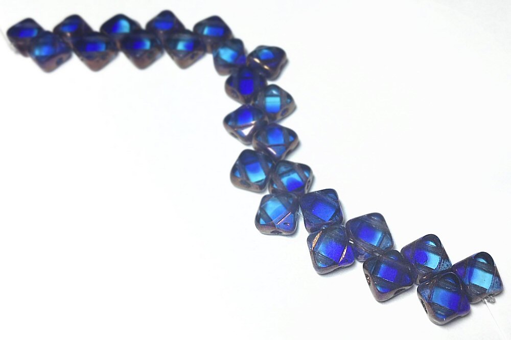 #3012 / Czech 4-Hole Translucent Cobalt with White Picasso Finish Silky Beads / 6x6x3mm / 1mm Hole / Strand of 25