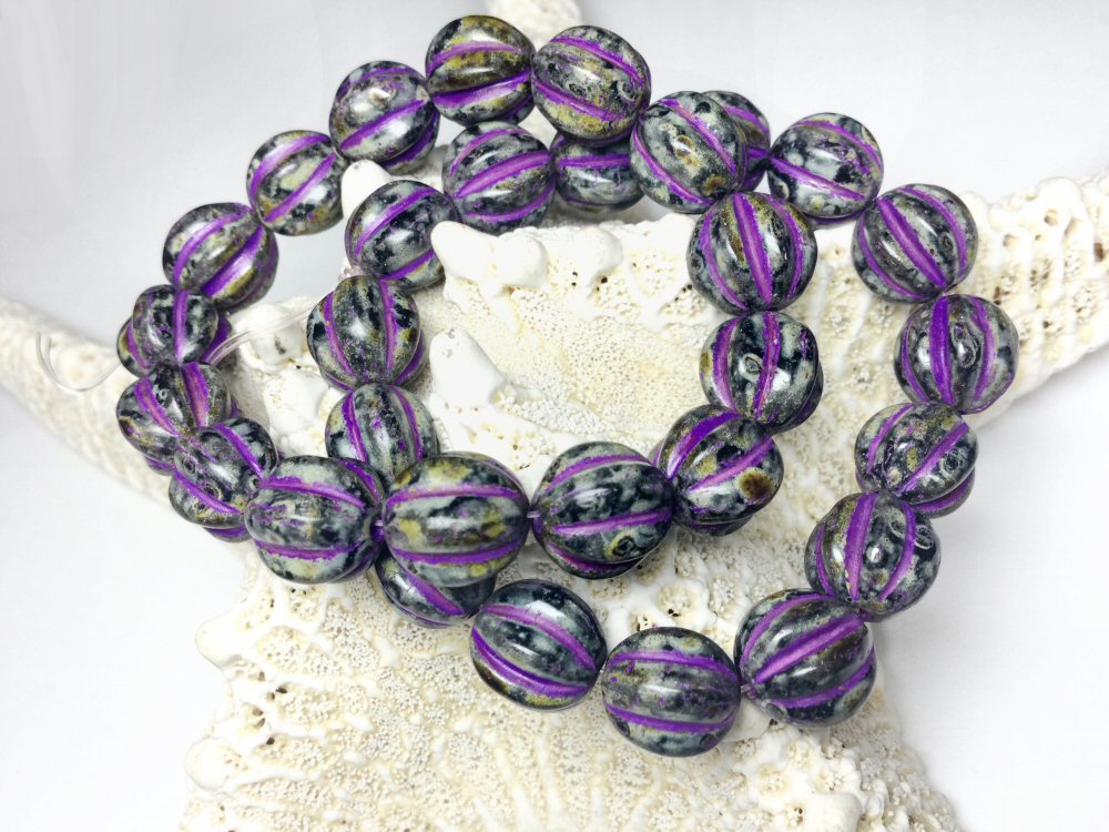 #3021 / Czech 10mm Melon Beads, Black with a Picasso Finish & Purple Wash / 1mm Hole / Strand of 15
