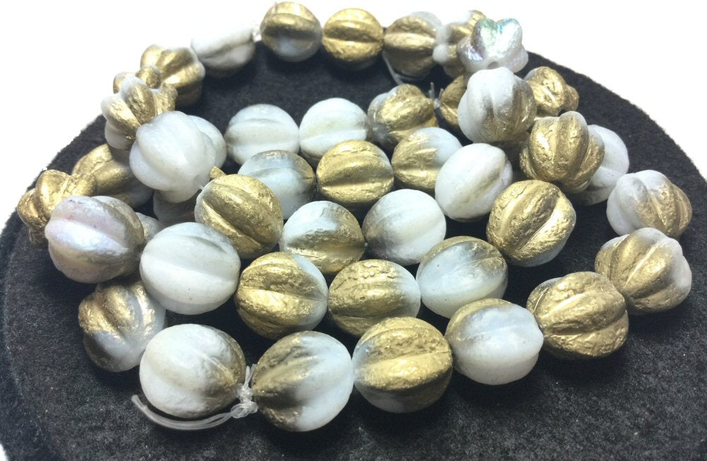 #3022 / Czech 12mm Melon Beads, AB White & Gold with Etched Finish / 1.2mm Hole / Strand of 9
