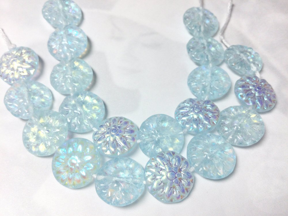 #3025 / Czech 14mm Dahlia Beads, Translucent AB Baby Blue / 1mm Hole / Strand of 10