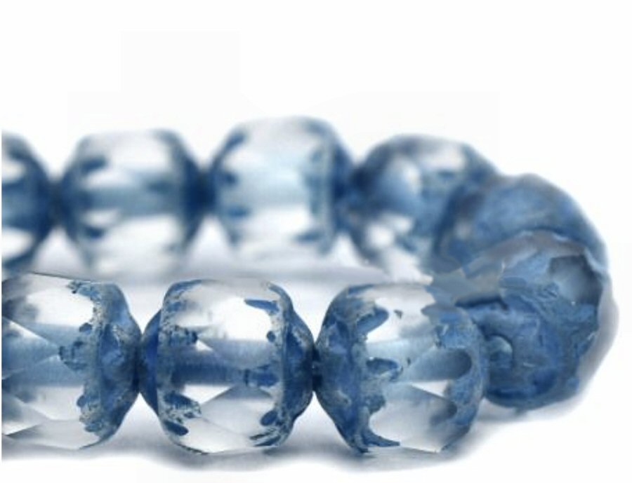 #3028 / Czech 6mm Diamond Cut Multi-Faceted Cathedral Beads, Transparent Glass with Turquoise Wash and Matte Finish / 1mm Hole / Strand of 10