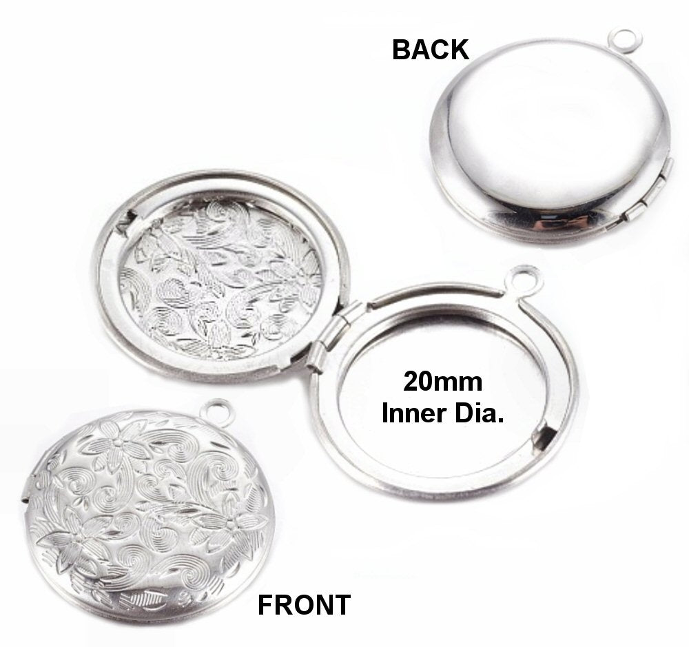 #3029 / Stainless Steel Locket Pendant with Delicate Etched Floral Top and with Side Hinge / 2mm Attached Loop / Sold Individually (Can Hold 2 Photos, One on Each Side