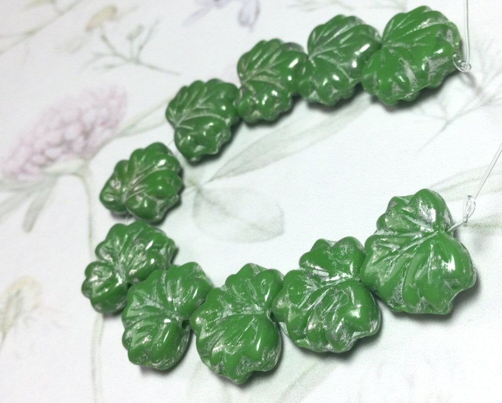 #3040 / Czech 11x13mm Fern Color Maple Leaf Beads with a Mottled Silver Finish / 1mm Hole / Strand of 10