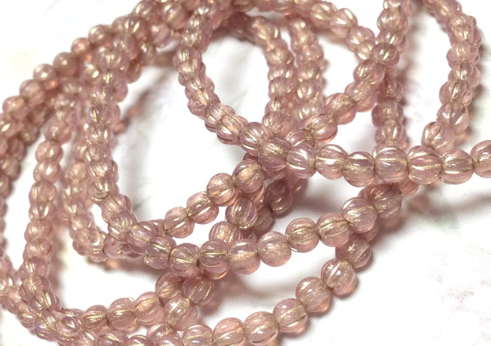 #3051 / Czech Translucent 3mm Melon Beads - Dark Dusty Rose with a Gold Wash / Strand of 50 Beads