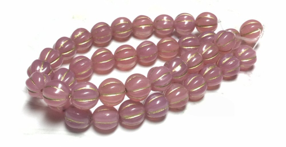 #3053 / Czech 8mm Melon Beads - Dusty Rose with a Gold Wash / Strand of 20 Beads