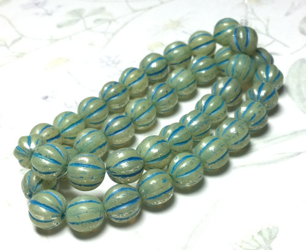 #3054 / Czech 8mm Melon Beads - Pale Sage with a Mercury Finish and Turquoise Wash / Strand of 20 Beads