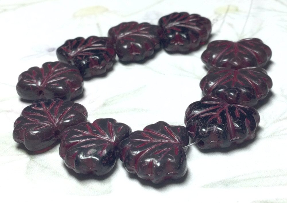 #3055 / Czech 11x13mm Maple Leaf Beads - Deep Maroon with a Red Wash / Strand of 10 Beads