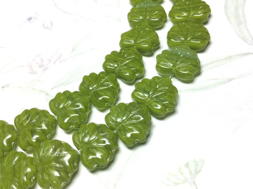 #3056 / Czech 11x13mm Maple Leaf Beads - Bright Green with Forest Green Stripes / Strand of 11 Beads