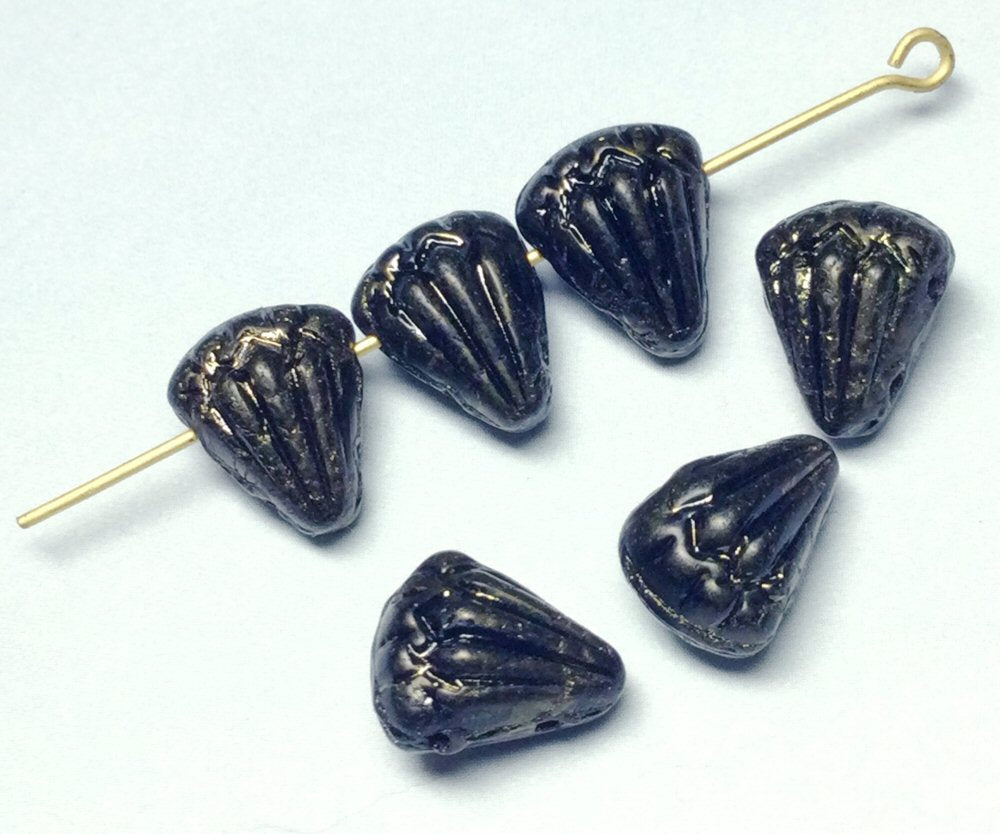 #3061 / Czech 9x11mm 2-Hole Jet Black Puffed Flower Beads with a Gold Wash / Strand of 11