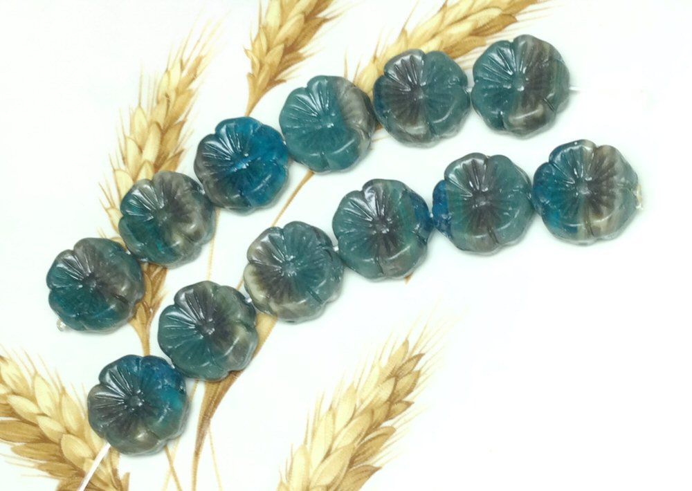 #3076 / Czech 14x5mm Hawaiian Glass Flower Beads / Opaque Teal-Brown-Cream / 1mm Hole / Strand of 6