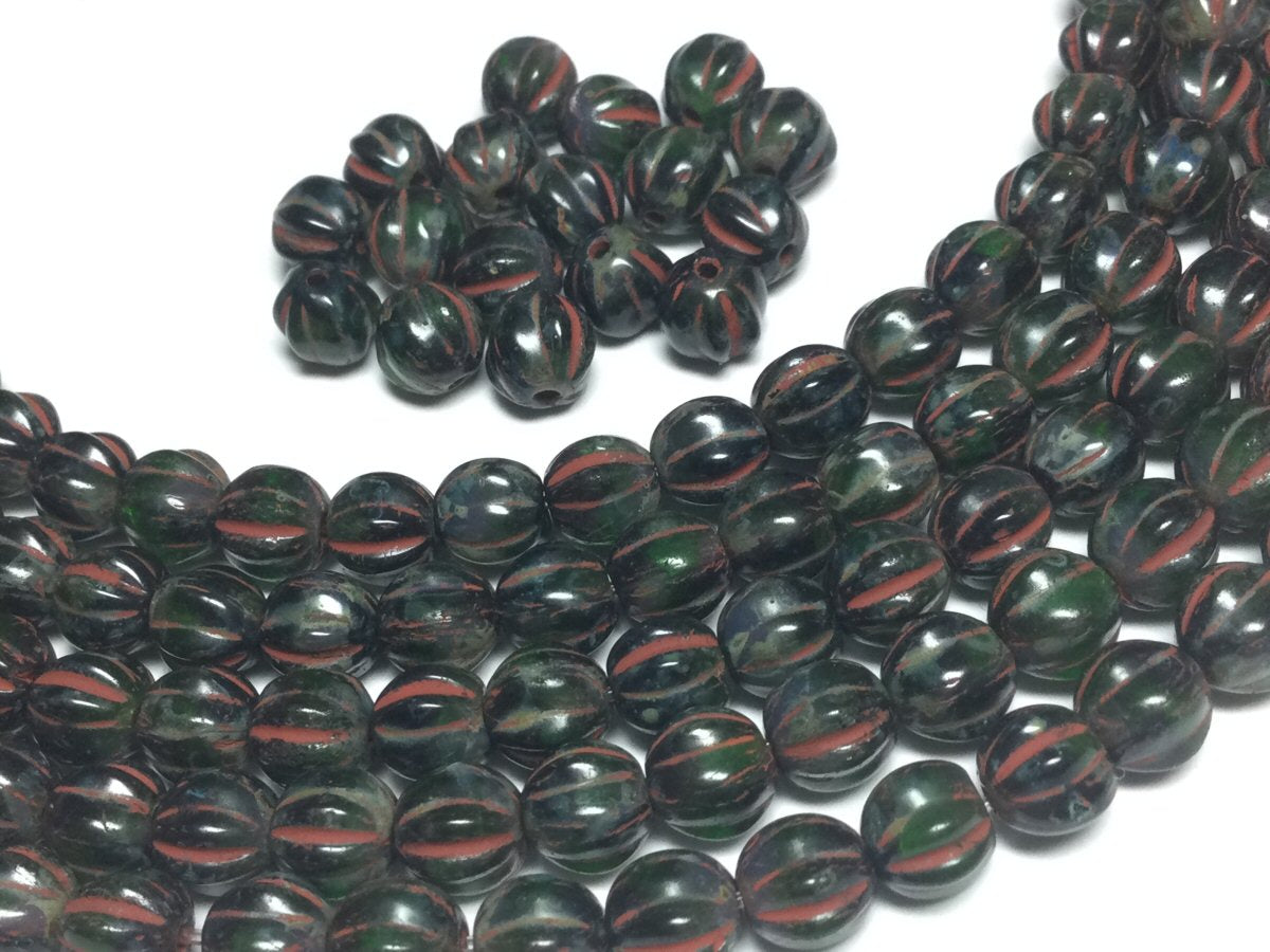#3084 / Czech 6mm Translucent Emerald and Dark Green Melon Beads with a Red Inset Wash / 1mm Hole / Strand of 25