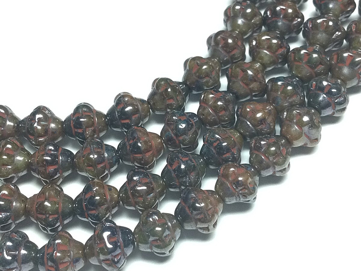 #3088 / Czech 6mm Black-Brown Turbine Glass Beads with a Red Inset Wash / .8mm Hole / Strand of 37