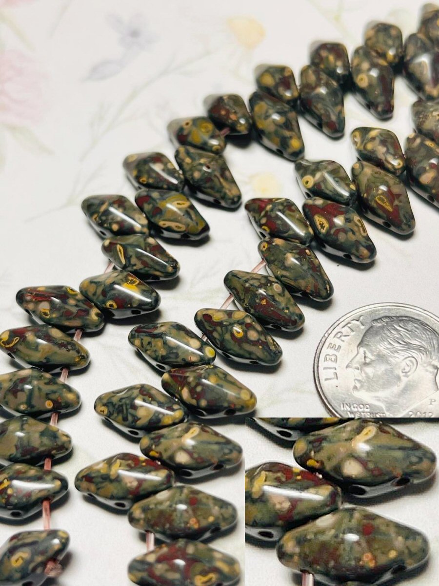 #3089 / Czech Large 6x12mm Picasso Double Cone Glass Beads with a Red Inset Wash / 1mm Top Drilled Hole / Strand of 22