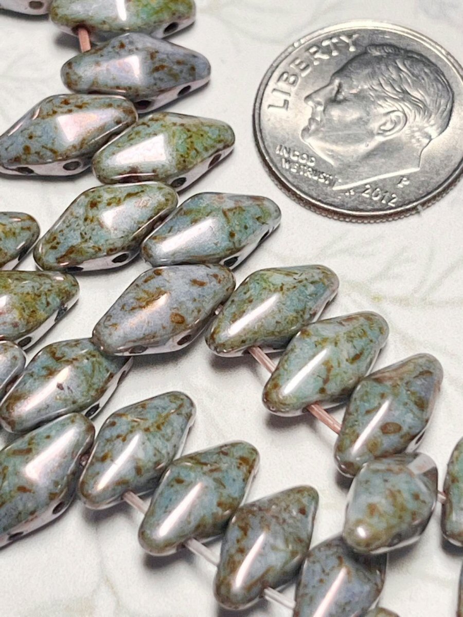 #3090 / Czech Large 6x12mm Cornflower-color Picasso Double Cone Glass Beads / 1mm Top Drilled Hole / Strand of 19
