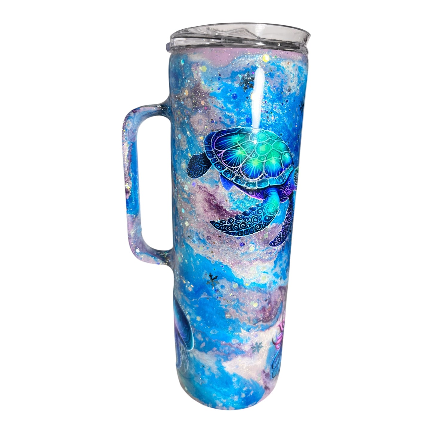 #319 - 20oz Ocean Theme Skinny Tumbler with Handle - Decals: Octopus, Jellyfish, Turtle and Anemone