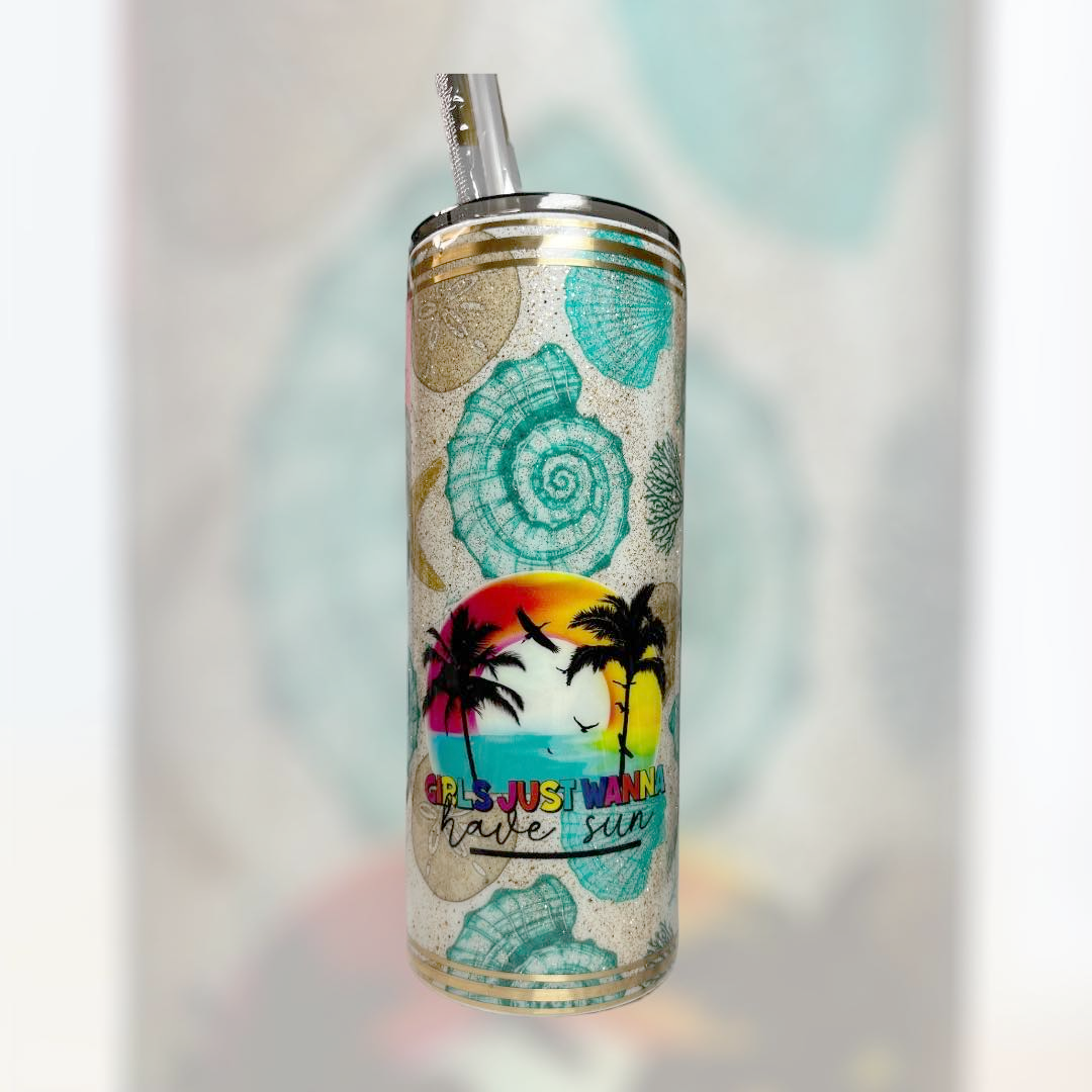 #069 - 30oz Fatty Tropical Tumbler - Shells Vinyl Wrap - Decal: "Girls Just Wanna Have Sun" with Palm Trees