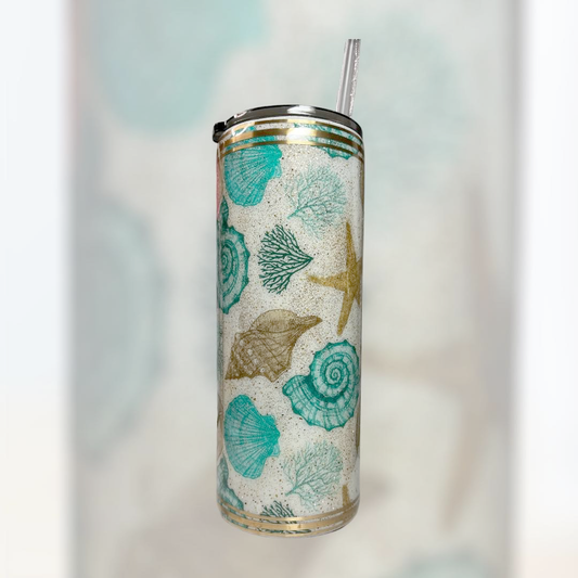 #069 - 30oz Fatty Tropical Tumbler - Shells Vinyl Wrap - Decal: "Girls Just Wanna Have Sun" with Palm Trees