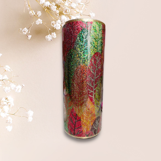 #007 - 30oz Fatty Tumbler - Glittered Foil Leaves - Decal: "Autumn Vibes" text