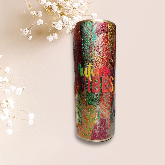 #007 - 30oz Fatty Tumbler - Glittered Foil Leaves - Decal: "Autumn Vibes" text
