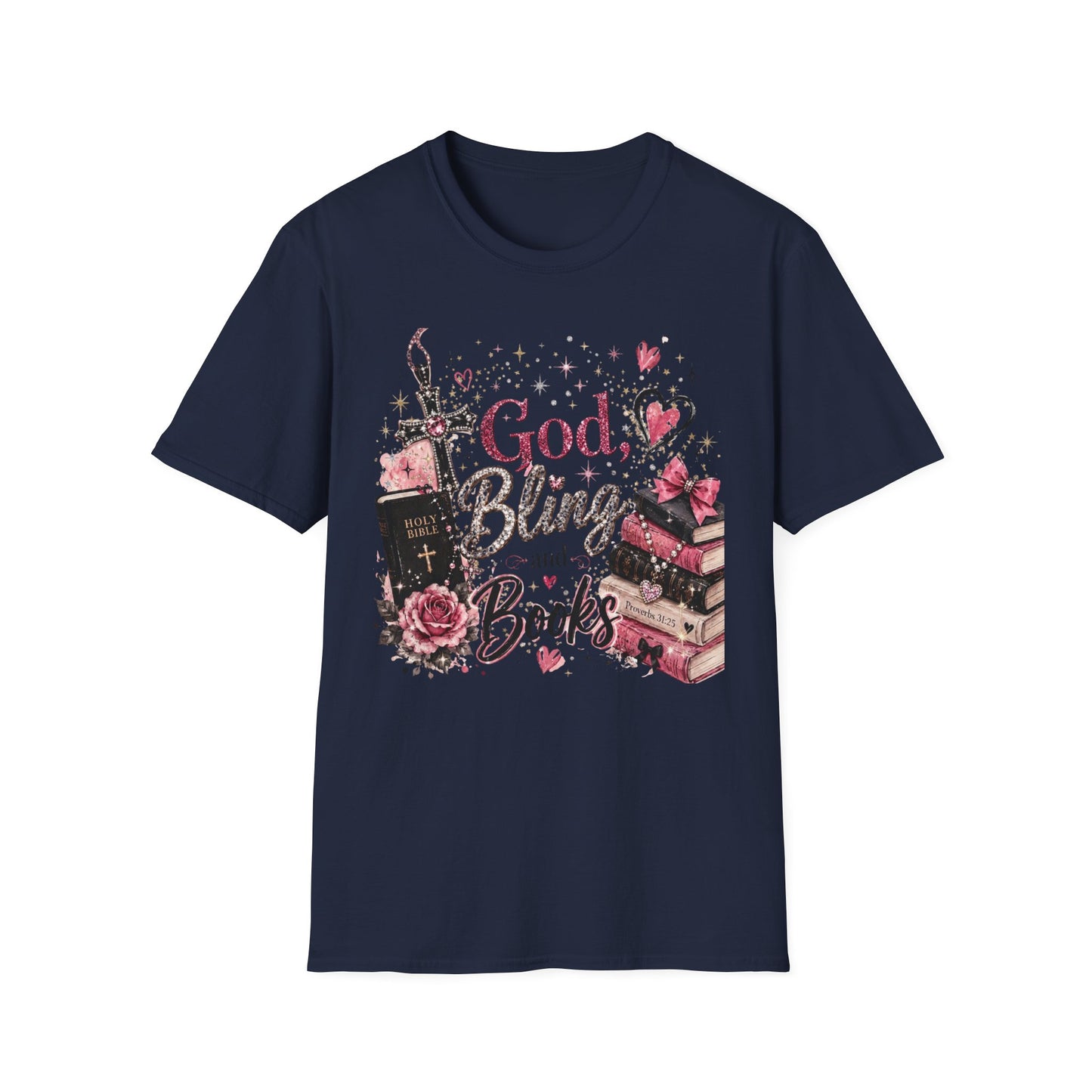 Christian Graphic T-Shirt — "God, Bling and Books" Faith Tee for Women