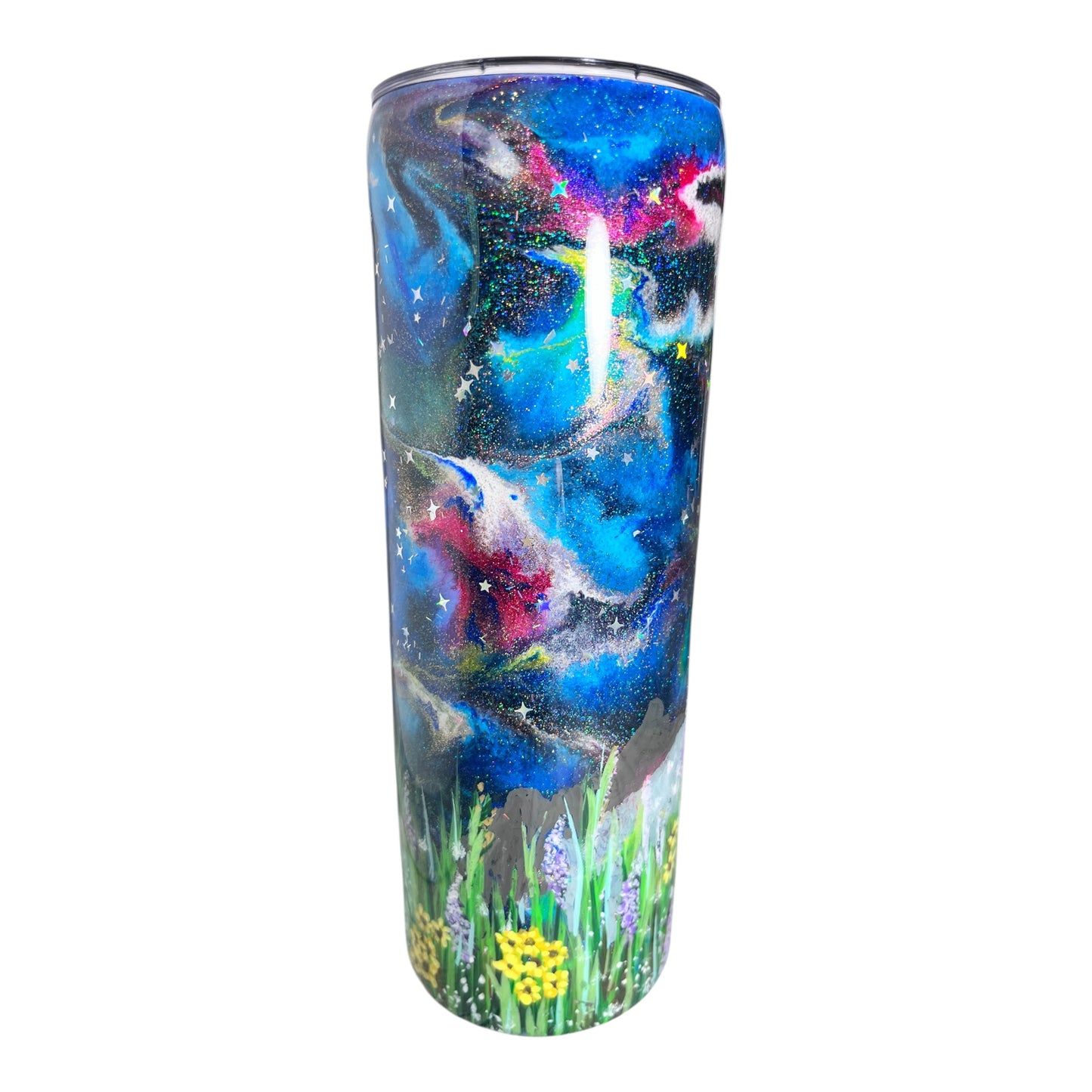#317 - 20oz Skinny Tumbler - Hand Painted Lighthouse & Flowers