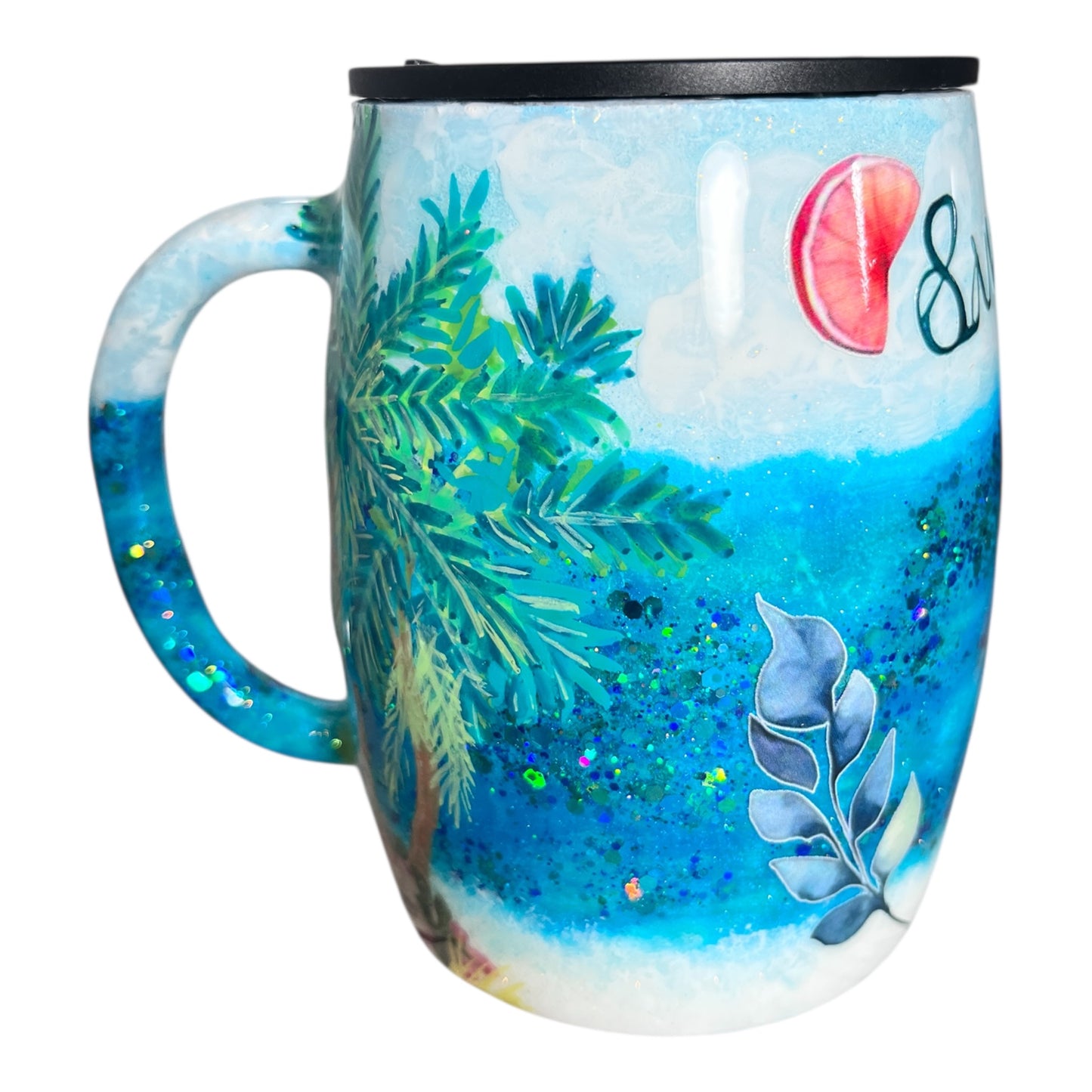 #320 - 14oz Tropical Summer Theme Coffee Mug - Hand Painted Palm Trees (surrounding the handle) / Text: “Summer” / Decals: Sunglasses, Flowers and Fruit Slice