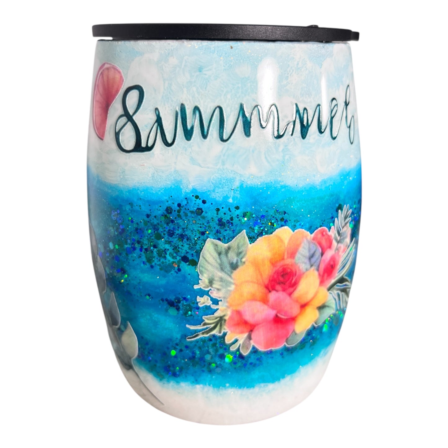 #320 - 14oz Tropical Summer Theme Coffee Mug - Hand Painted Palm Trees (surrounding the handle) / Text: “Summer” / Decals: Sunglasses, Flowers and Fruit Slice