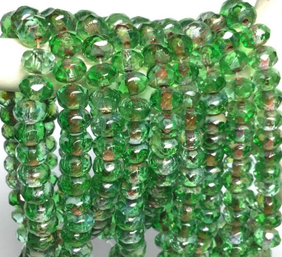 #2398 Czech Faceted Rondelle Green & Sky Blue with Picasso Finish / 3x5mm / 30 Bead Strand