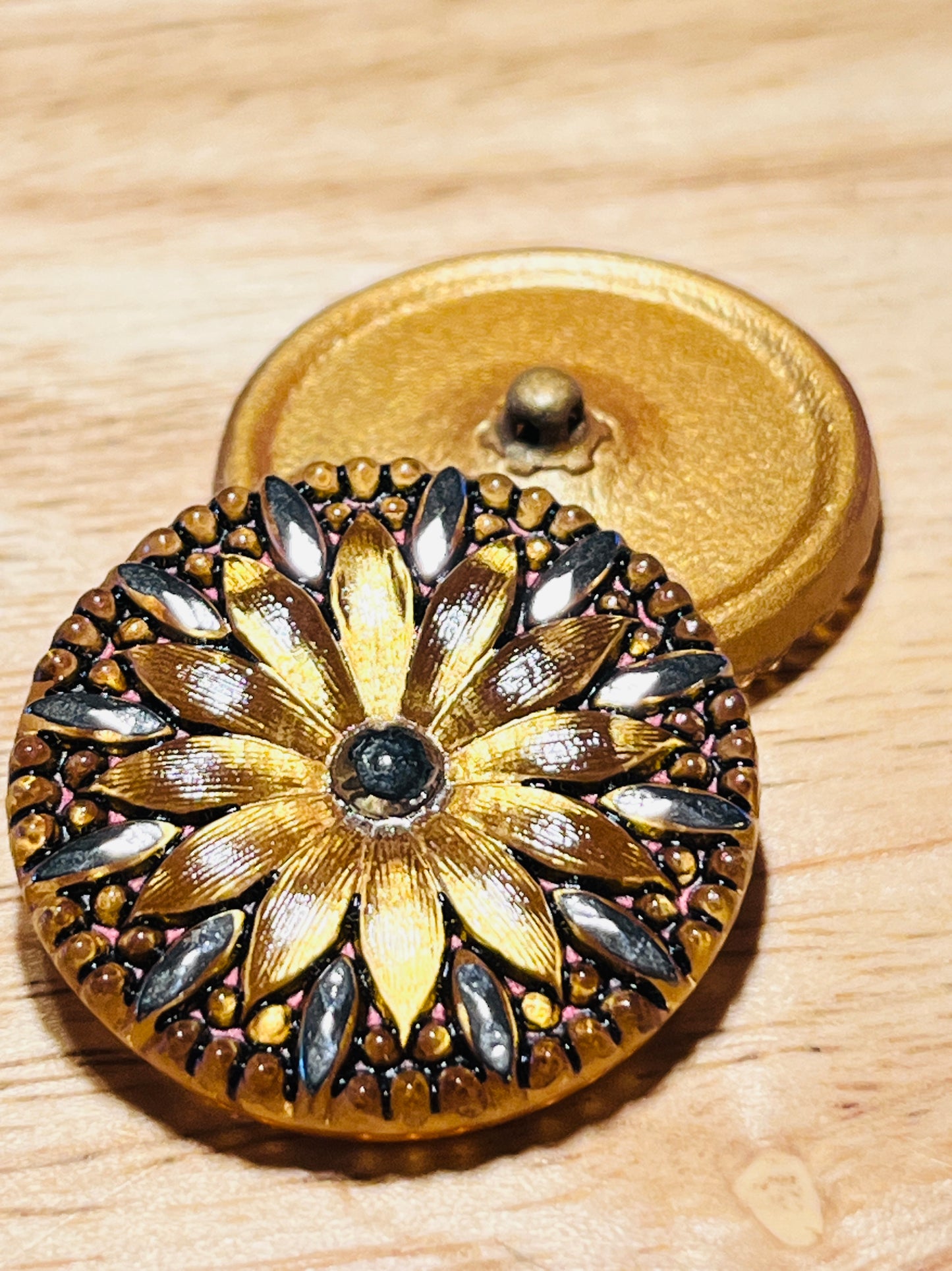 #2490 / Czech Large 31mm Exquisite Button / Semi-transparent Glass with Hand-Painted Silver and Copper Accents on the top / Top offButton has a Hand-Painted Gold Center as well / The back is Gold with a Box Clasp / Hole in Shank is 1mm / Sold Individually