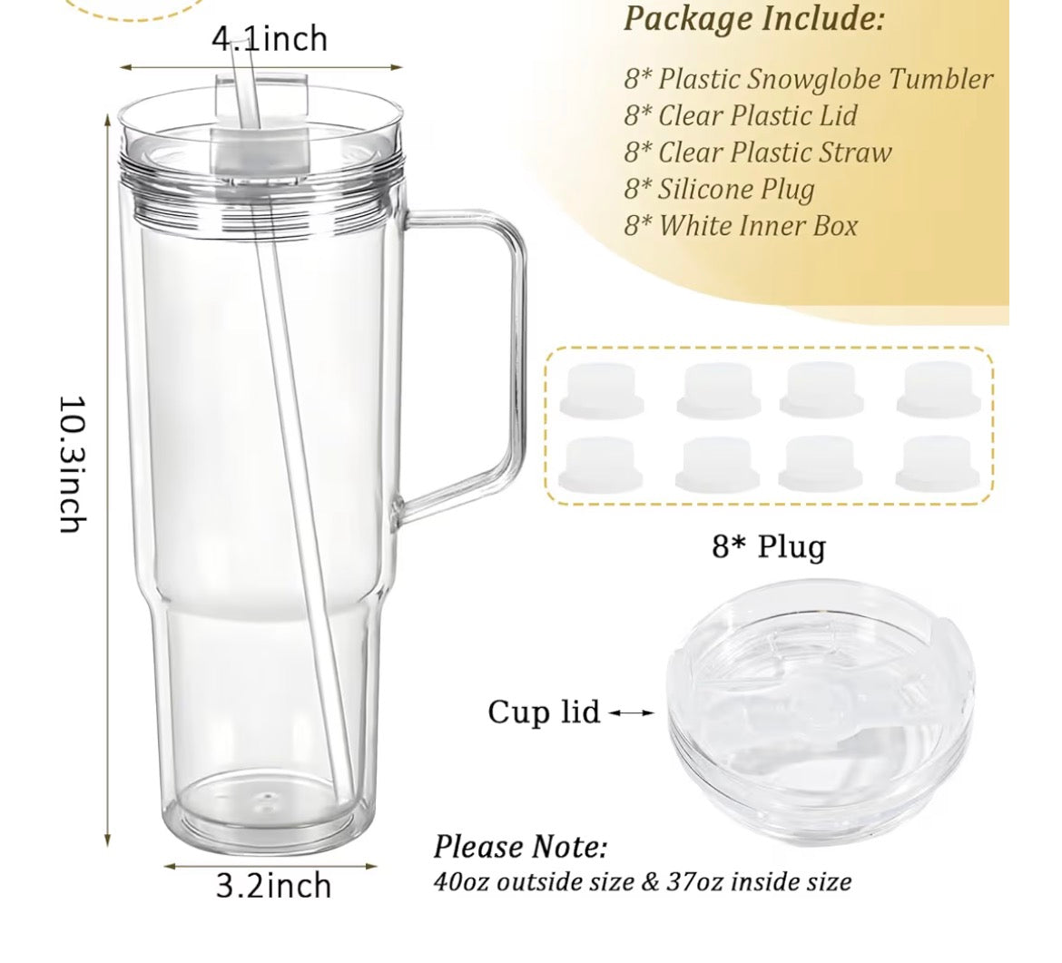 40 oz New Acrylic Snow Globe Tumbler Cup with Handle, Double Wall Plastic, No Hole, with Plug, Lid & Straw